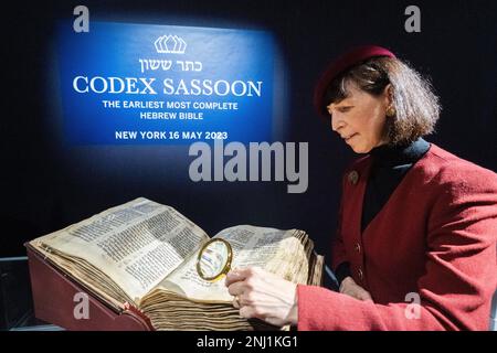 EMBARGO UNTIL 00.01AM on 23 February. London, UK. 22 February 2023..  A preview at Sotheby's of The Codex Sassoon  Hebrew Bible.  the world's earliest near-complete“most valuable historical document ever sold at auction,”  which is expected to sell  for between USD 30 and 50 million . The sale takes place at Sotheby's New York on 16 May Credit: amer ghazzal/Alamy Live News Stock Photo