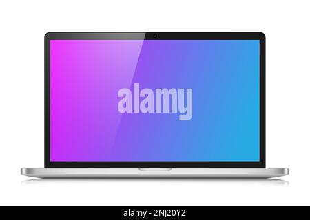 The layout of a modern laptop in a silver thin metal case. A realistic laptop with a pink and blue gradient screen and reflection on a white Stock Vector