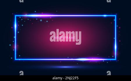 Neon rectangular frame with shining effects and highlights on a dark blue-pink background. Stock Vector