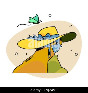woman looking back, wearing a big hat and behind her flying a beautiful butterfly. Stock Vector