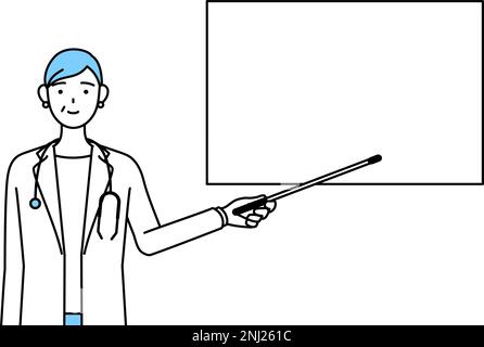 female doctor with white coat, simple line drawing Stock Vector