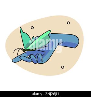 This green butterfly is very beautiful. and accidentally landed on my hand. flat vector illustration. Stock Vector