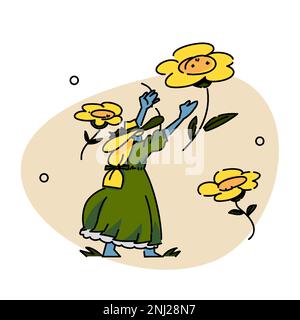 Women holding and flying sunflowers, vector graphic. Stock Vector