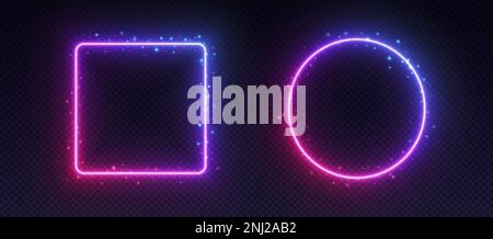 Gradient neon frames, glowing borders with smoke and sparkles, led circle and square. Stock Vector
