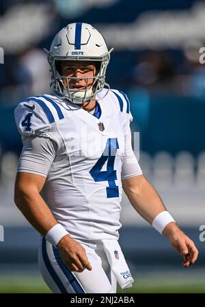 NASHVILLE, TN - OCTOBER 23: Indianapolis Colts helmet sits on the field  before the Tennessee Titans game versus the Indianapolis Colts on October 23,  2022, at Nissan Stadium in Nashville, TN. (Photo