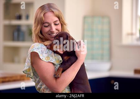 Woman At Home Holding And Stroking Pet Dachshund Dog In Kitchen Stock Photo