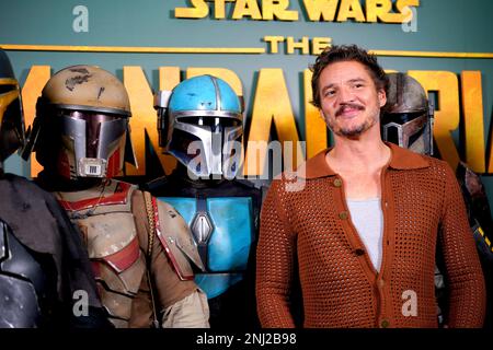 Pedro Pascal during a photo call at Piccadilly Circus, London, for The Mandalorian, before it is released on Disney+ from March 1. Picture date: Wednesday February 22, 2023. Stock Photo