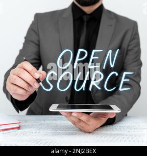 Writing displaying text Open Source. Conceptual photo denoting software which original source code freely available Stock Photo