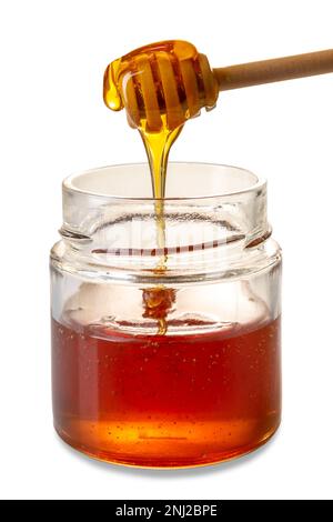 Honey dripping from wooden honey dipper in glass jar, chestnut honey with amber color, isolated on white with clipping path Stock Photo