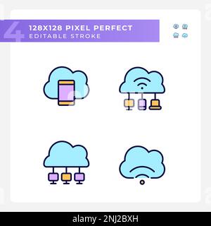 Connect devices to cloud based servers pixel perfect RGB color icons set Stock Vector