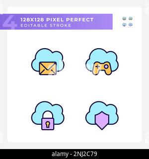 Purposes of cloud computing pixel perfect RGB color icons set Stock Vector