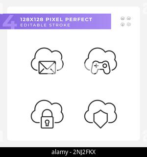 Purposes of cloud computing pixel perfect linear icons set Stock Vector