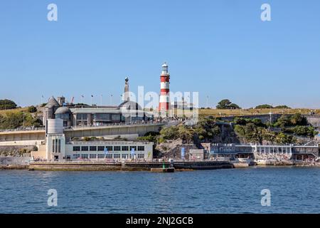Plymouth Hoe from Plymouth Sound, Tinside Lido and swimming facilities plus The Ocean View Resturant, Smeaton’s Tower and war memorial are included. S Stock Photo