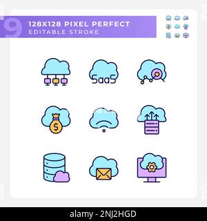 Access to data on cloud based resources pixel perfect RGB color icons set Stock Vector