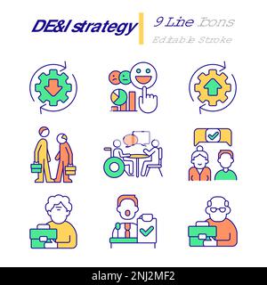 DEI strategy in workplace RGB color icons set Stock Vector