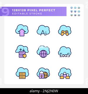 Cloud based service for data processing pixel perfect RGB color icons set Stock Vector