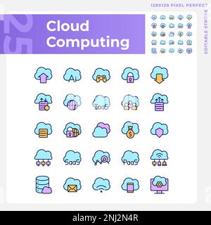 Cloud computing pixel perfect RGB color icons set Stock Vector