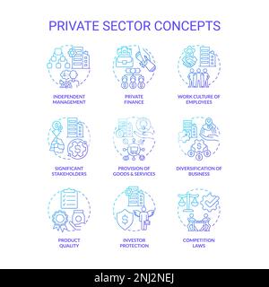 Private sector blue gradient concept icons set Stock Vector