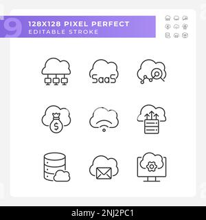 Access to data on cloud based resources pixel perfect linear icons set Stock Vector