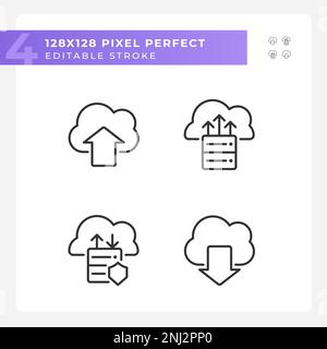 Data exchange via cloud resources pixel perfect linear icons set Stock Vector