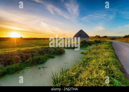 Beautiful sunset over an old thatched barn on Braunton Marshes in Devon Stock Photo