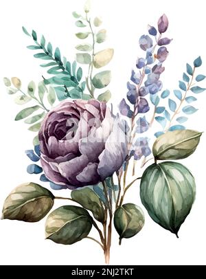 Dusty pink and cream rose, peony, hydrangea flower, vector garland wedding bouquet. Eucalyptus, greenery.Floral pastel watercolor style.Spring bouquet Stock Vector
