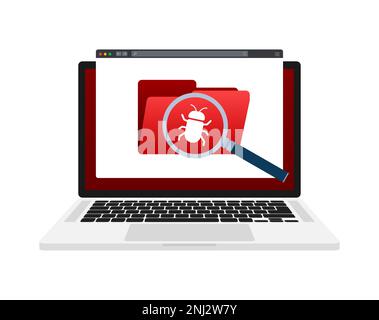 Computer virus detection. Searching bugs. Data protection. Magnifier glass. Stock Vector