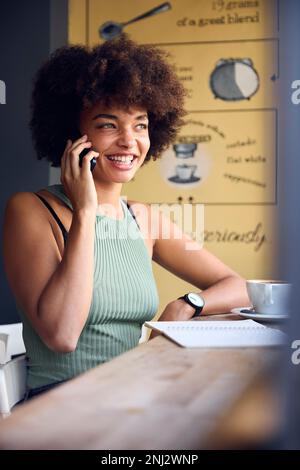 Female Customer In Coffee Shop Window Working And Talking On Mobile Phone Stock Photo