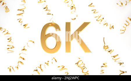 Golden 6k followers symbol with confetti for celebration 3d rendering.  Stock Photo