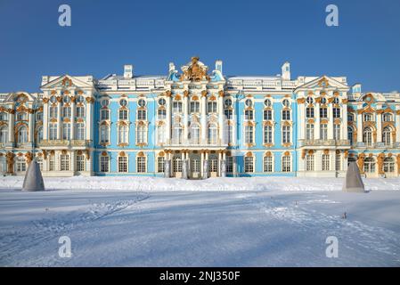 PUSHKIN, RUSSIA - FEBRUARY 21, 2023: Catherine Palace building on a winter day. Tsarskoye Selo Stock Photo