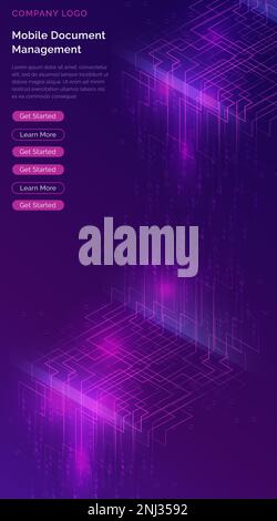 Big data waterfall or cascade, digital binary code data flow analysis visualization, isometric vector illustration. Ultraviolet vertical banner with streams of numbers, landing page template. Stock Vector