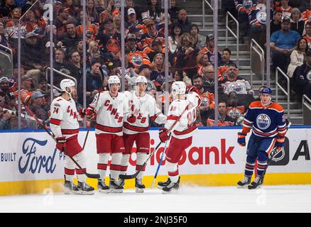 The Carolina Hurricanes celebrate a goal by Andrei Svechnikov during the  first period of an NHL pre season hockey game in Raleigh, N.C., Saturday,  Oct. 1, 2022. (AP Photo/Karl B DeBlaker Stock