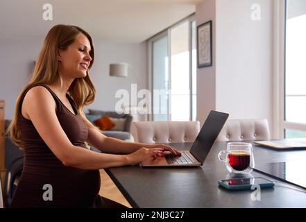 Pregnant Woman Working From Home On Laptop Sitting At Table Stock Photo