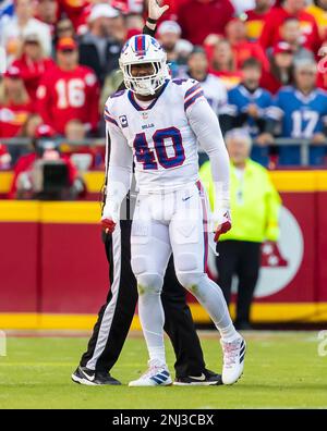 Buffalo Bills linebacker Von Miller works on his thigh during the second  half of an NFL football game against the Kansas City Chiefs, Sunday, Oct. 16,  2022 in Kansas City, Mo. (AP