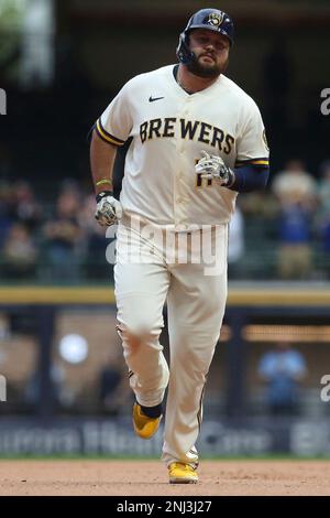 MILWAUKEE, WI - OCTOBER 05: Milwaukee Brewers first baseman Rowdy Tellez  (11) runs the bases during a game between the Milwaukee Brewers and the  Arizona Diamondbacks on October 5, 2022, at American Family Field, in  Milwaukee, WI. (Photo