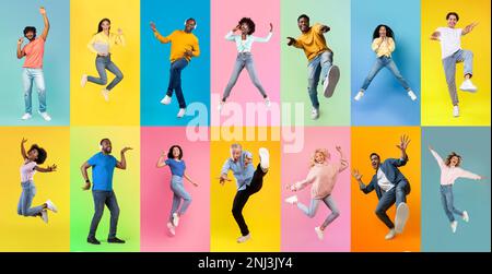 Positive People Of Different Age And Ethnicity Posing Over Colorful Studio Backgrounds, Stock Photo