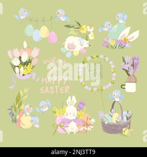 Easter Set with Cute White Bunnies, Sheep, Flowers and Easter Eggs Stock Vector