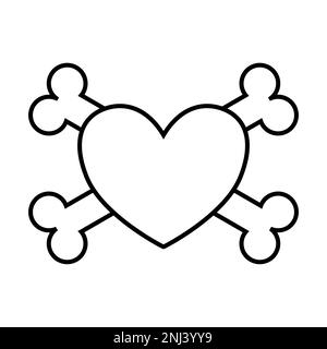 Vector flat outline heart with crossed bones isolated on white background Stock Vector