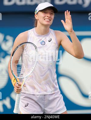 Dubai, UAE, 22nd. Feb, 2023. Polish tennis player Iga Swiatek reacts at the Dubai Duty Free Tennis  Championships tournament at  Dubai Duty Free Tennis Stadium on Wednesday 22 February 2023.,  © Juergen Hasenkopf / Alamy Live News Stock Photo