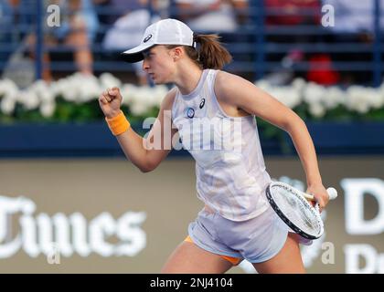 Dubai, UAE, 22nd. Feb, 2023. Polish tennis player Iga Swiatek celebrates at the Dubai Duty Free Tennis  Championships tournament at  Dubai Duty Free Tennis Stadium on Wednesday 22 February 2023.,  © Juergen Hasenkopf / Alamy Live News Stock Photo