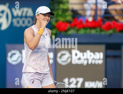 Dubai, UAE, 22nd. Feb, 2023. Polish tennis player Iga Swiatek celebrates at the Dubai Duty Free Tennis  Championships tournament at  Dubai Duty Free Tennis Stadium on Wednesday 22 February 2023.,  © Juergen Hasenkopf / Alamy Live News Stock Photo