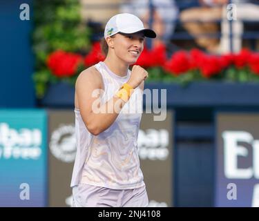 Dubai, UAE, 22nd. Feb, 2023. Polish tennis player Iga Swiatek celebrates at the Dubai Duty Free Tennis  Championships tournament at  Dubai Duty Free Tennis Stadium on Wednesday 22 February 2023.,  © Juergen Hasenkopf / Alamy Live News Stock Photo