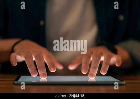 Unrecognizable man touching empty blank digital pad screen, cropped Stock Photo