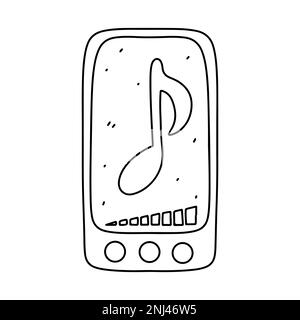 Phone with music and sound elements in hand drawn doodle style. Listen to music concept. vector illustration isolated on a white background Stock Vector