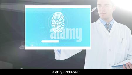 Composition of male doctor touching screen with biometric fingerprint. global online identity and digital interface concept digitally generated image. Stock Photo