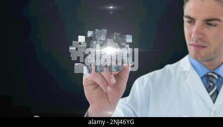 Composition of male doctor touching screen with biometric fingerprint. global online identity and digital interface concept digitally generated image. Stock Photo