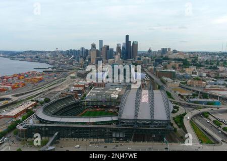 An aerial view of Lumen Field, Wednesday, July 14, 2021, in