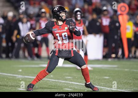 OTTAWA, ON - SEPTEMBER 10: Ottawa Redblacks quarterback Nick Arbuckle (19)  prepares to throw a pass during Canadian Football League action between the  Toronto Argonauts and Ottawa Redblacks on September 10, 2022