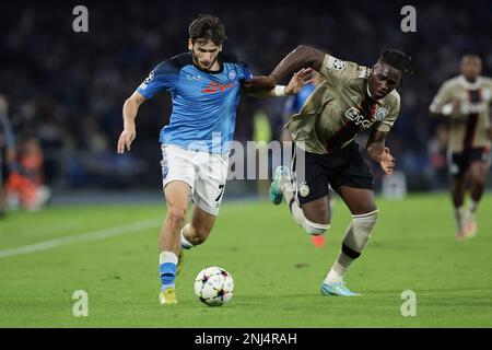 Napoli's Khvicha Kvaratskhelia, left, and Ajax's Calvin Bassey