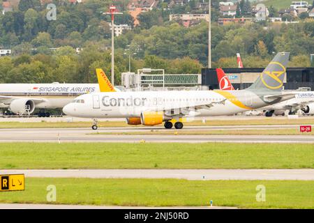 Zurich, Switzerland, September 27, 2022 Condor Airbus A320-212 aircraft is taxiing to its final position at the international airport Stock Photo